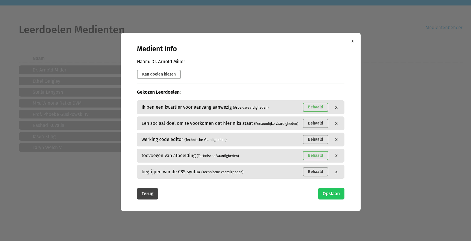 Modal that displays the current status of a client