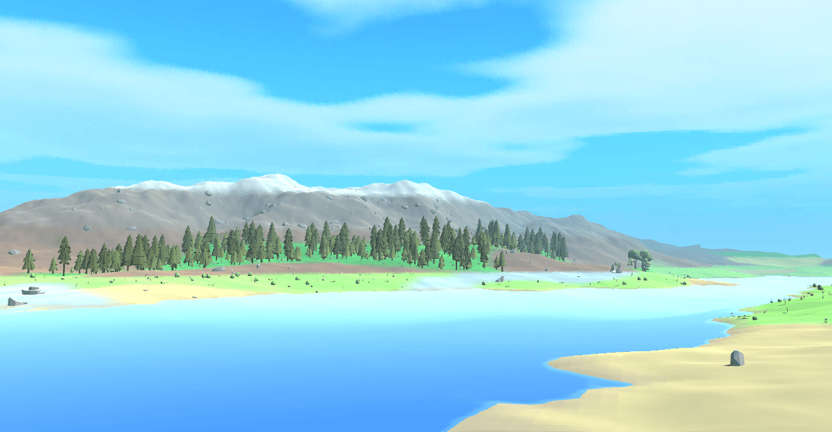 First-person view of a lake with a mountain range in the distance