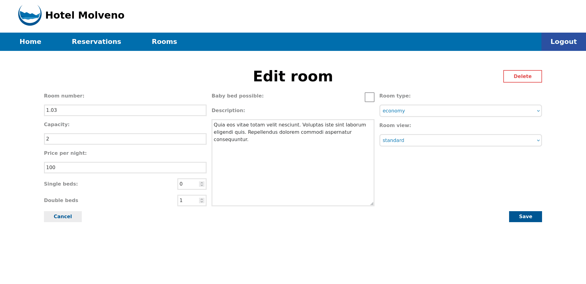 The edit page for rooms, with fields to modify a room's information