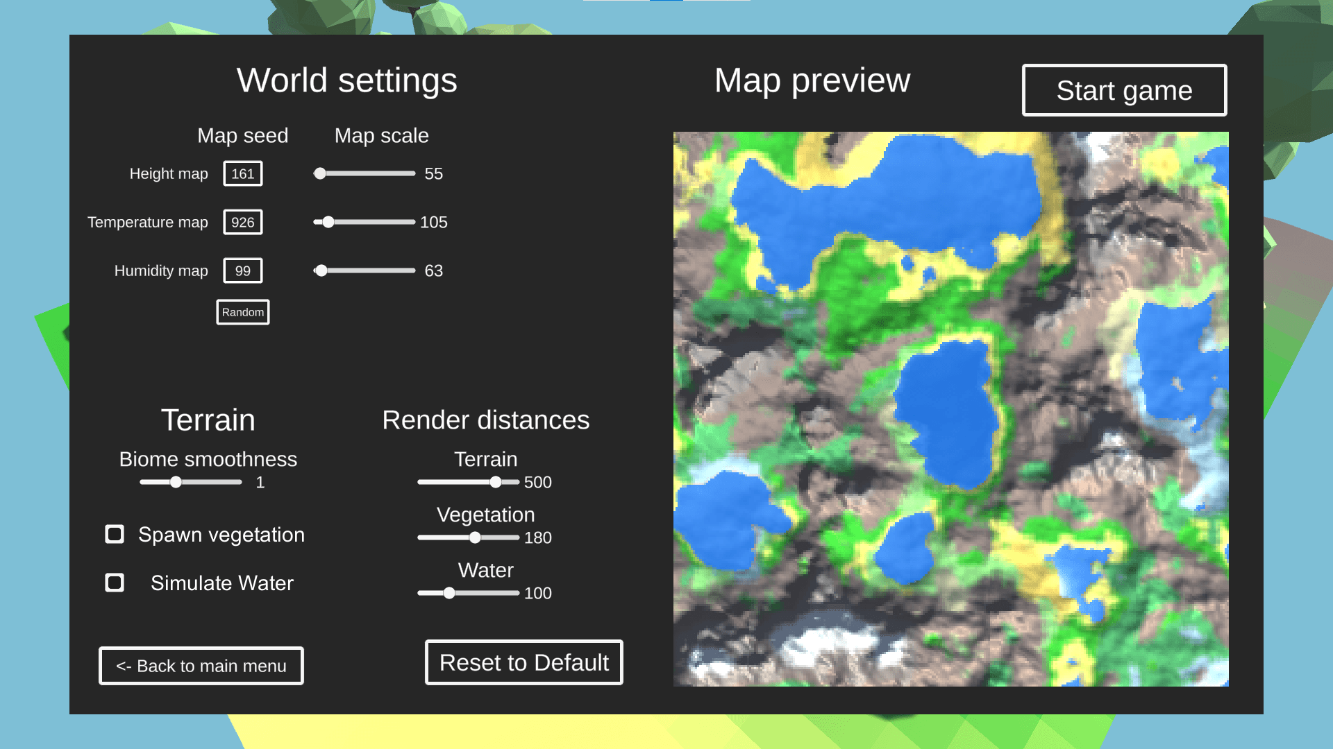 World preview screen with adjustable settings